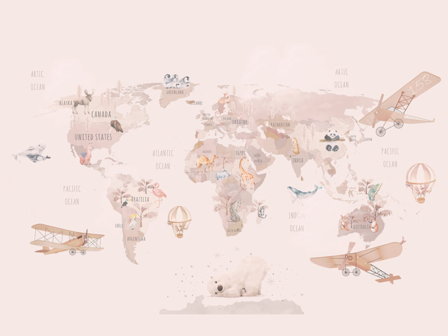 Carte du monde avec des avions et des ours polaires Carte du monde avec des avions et des ours polaires