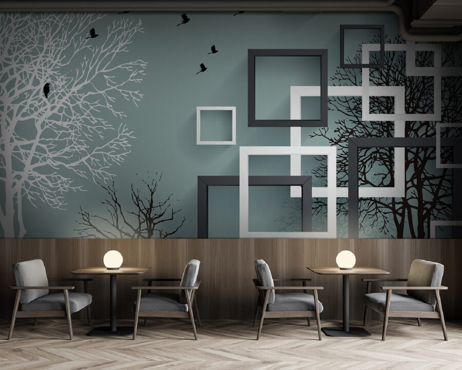Peinture murale avec des arbres et des oiseaux qui volent Peinture murale avec des arbres et des oiseaux qui volent