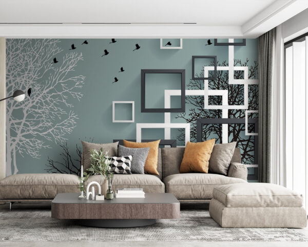 Peinture murale avec des arbres et des oiseaux qui volent Peinture murale avec des arbres et des oiseaux qui volent