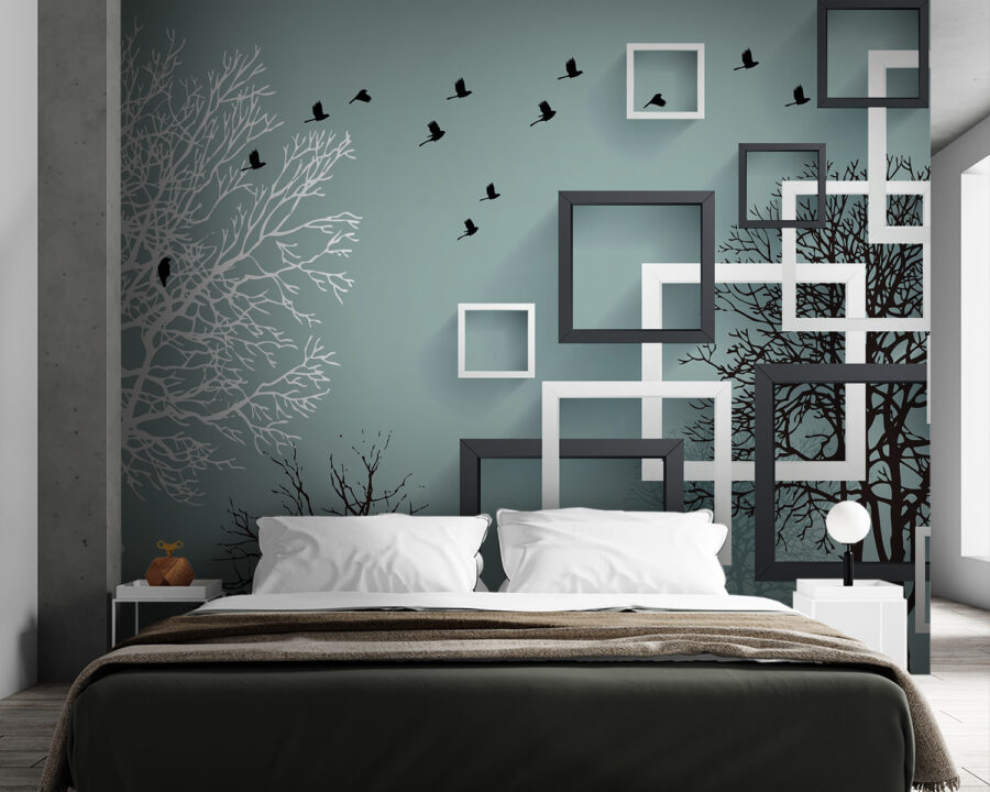 Peinture murale avec des arbres et des oiseaux qui volent Peinture murale avec des arbres et des oiseaux qui volent