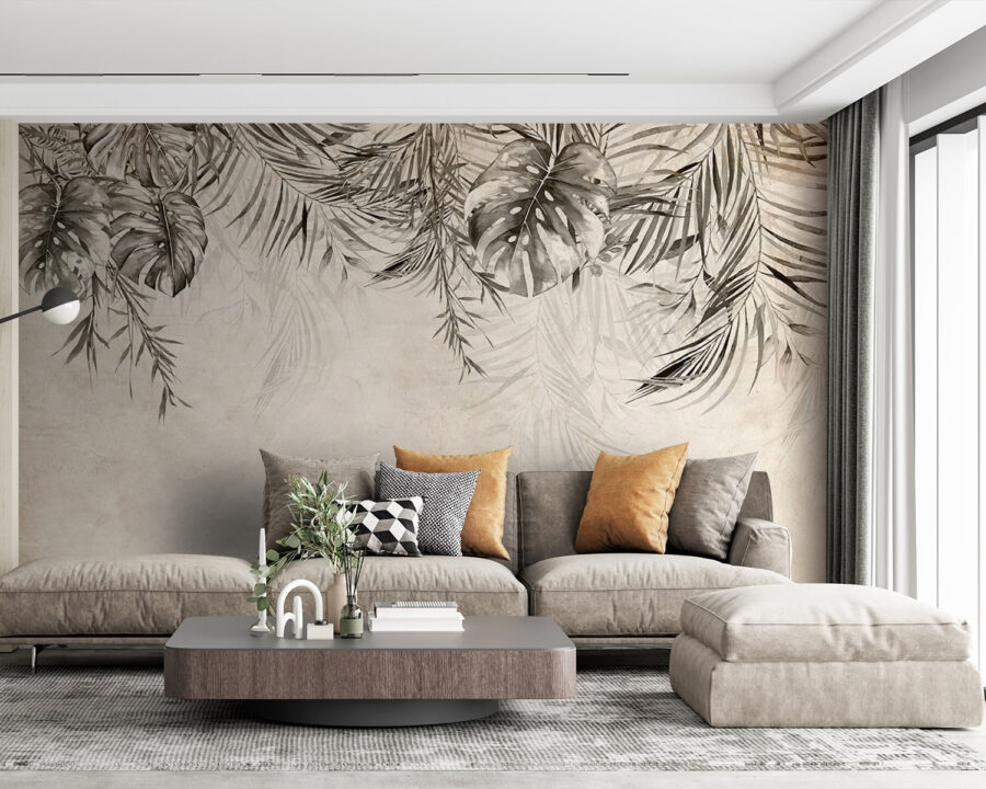Feuilles tropicales sur fond texturé