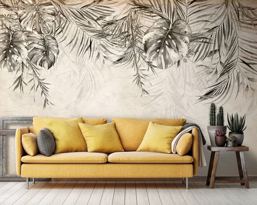 Feuilles tropicales sur fond texturé