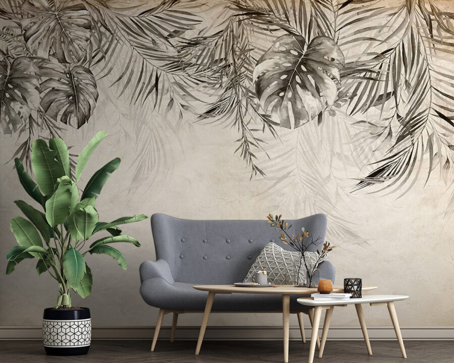 Feuilles tropicales sur fond texturé