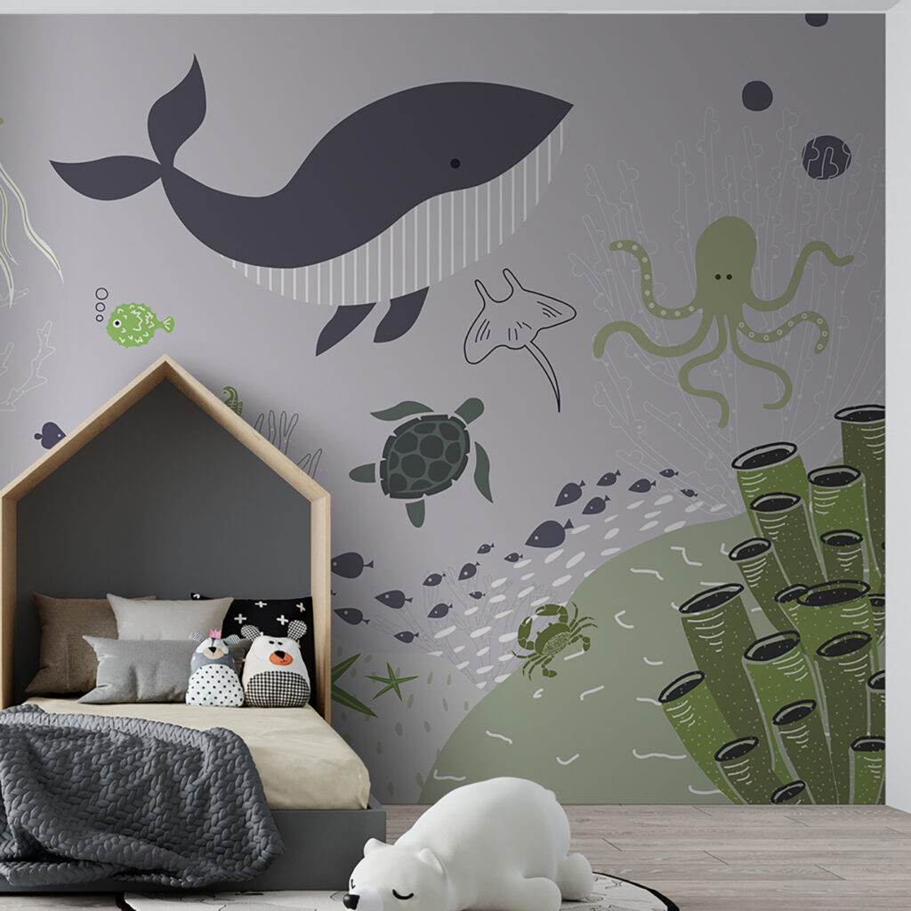 A sea life with a whale and turtles