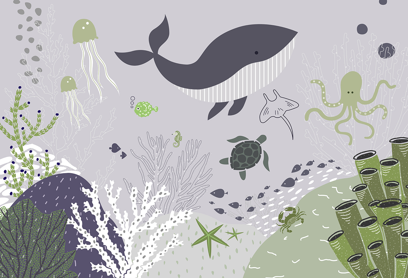 A sea life with a whale and turtles