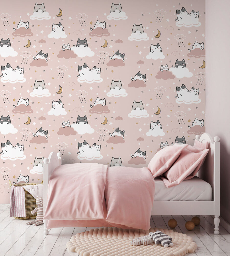 Papier peint Motif de chats sur fond rose – Image 3