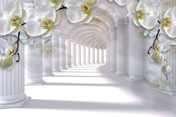 Colonnes blanches et fleurs dans un couloir Colonnes blanches et fleurs dans un couloir