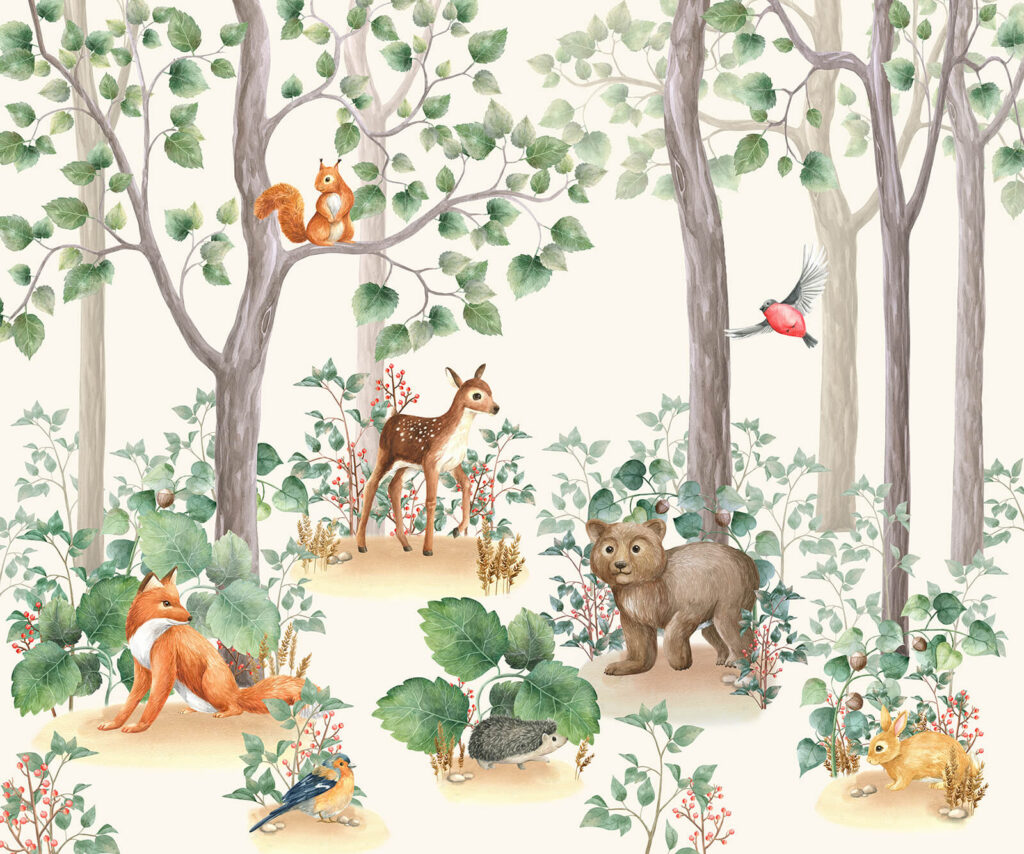 Papier peint avec des animaux dans la forêt Papier peint avec des animaux dans la forêt