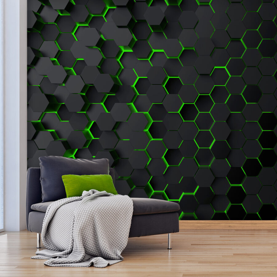 Un hexagone noir avec des lumières vertes