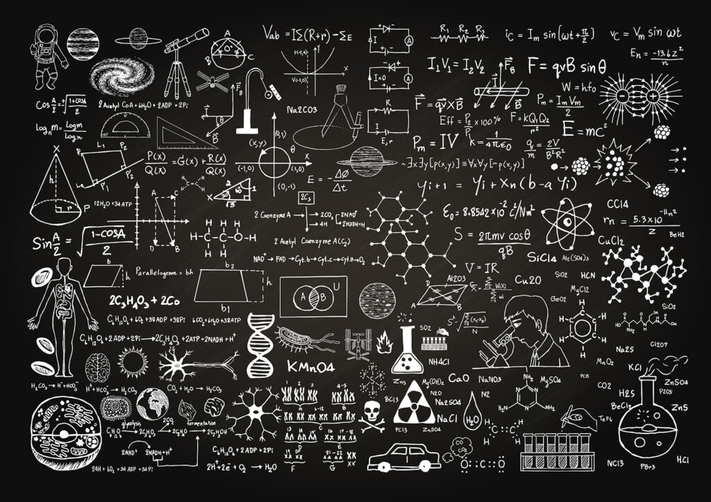 Tableau noir avec symboles et formules mathématiques Tableau noir avec symboles et formules mathématiques