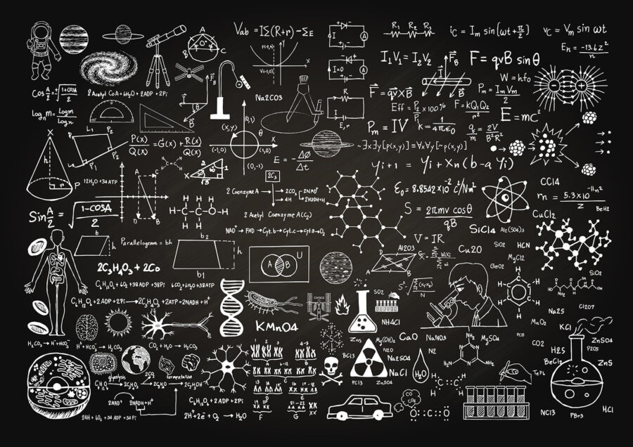 Tableau noir avec symboles et formules mathématiques