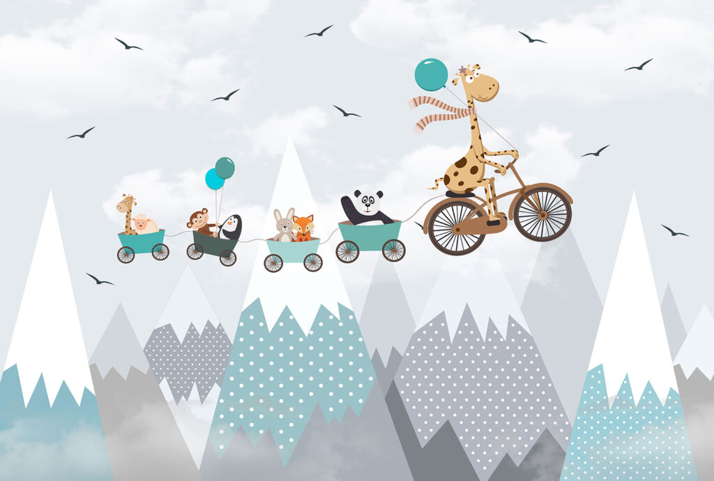 Girafe à bicyclette avec train et animaux Girafe à bicyclette avec train et animaux