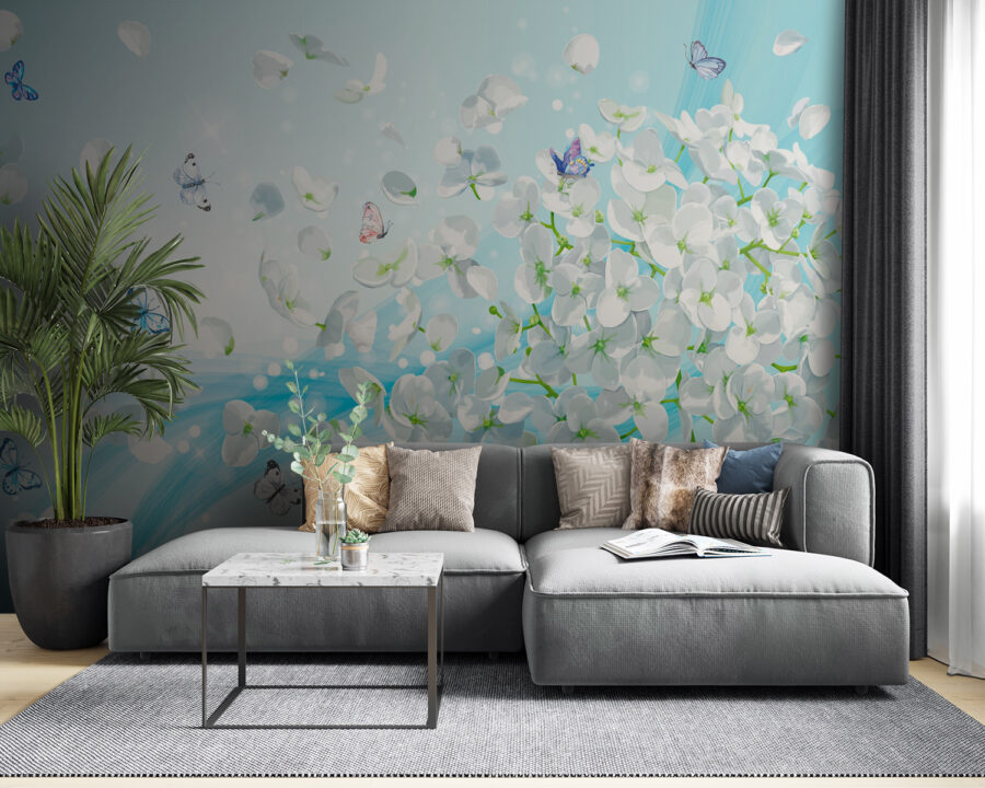 Fleurs blanches avec papillons en vol