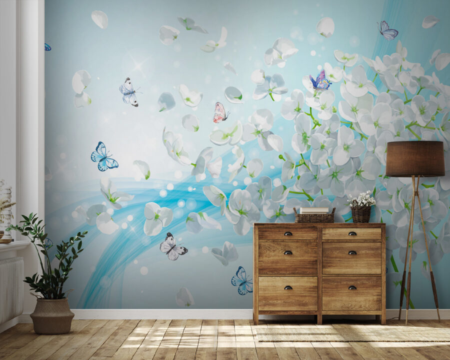 Fleurs blanches avec papillons en vol