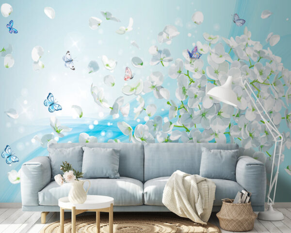 Fleurs blanches avec papillons en vol Fleurs blanches avec papillons en vol