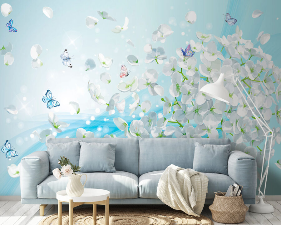 Fleurs blanches avec papillons en vol