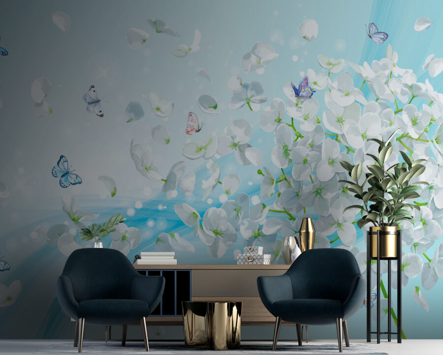 Fleurs blanches avec papillons en vol