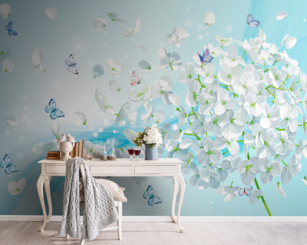 Fleurs blanches avec papillons en vol Fleurs blanches avec papillons en vol