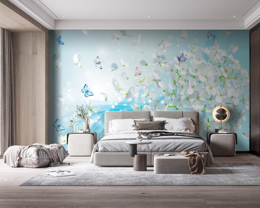Fleurs blanches avec papillons en vol