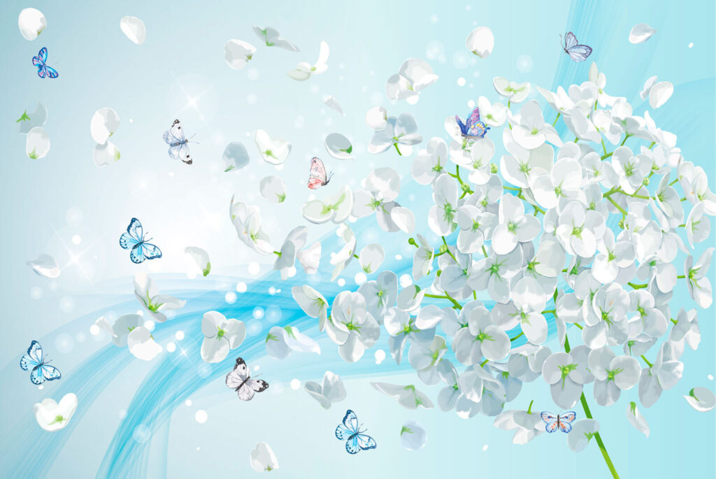 Fleurs blanches avec papillons en vol Fleurs blanches avec papillons en vol