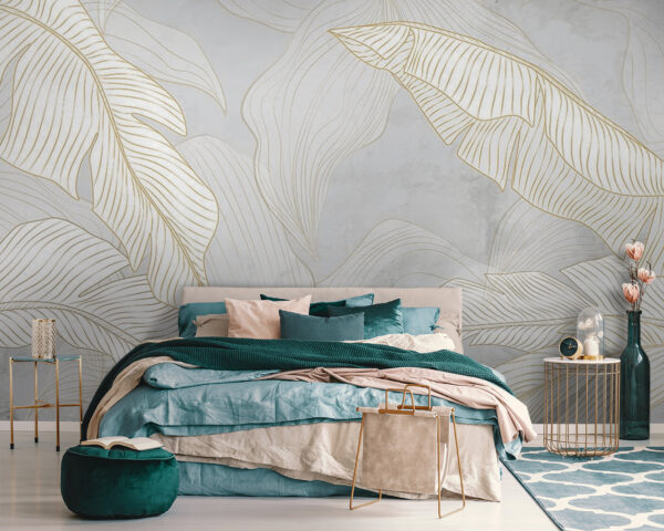 Feuilles blanches et orange sur fond gris Papier peint Feuilles blanches et orange sur fond gris