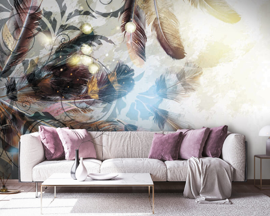 Plumes colorées et motifs complexes