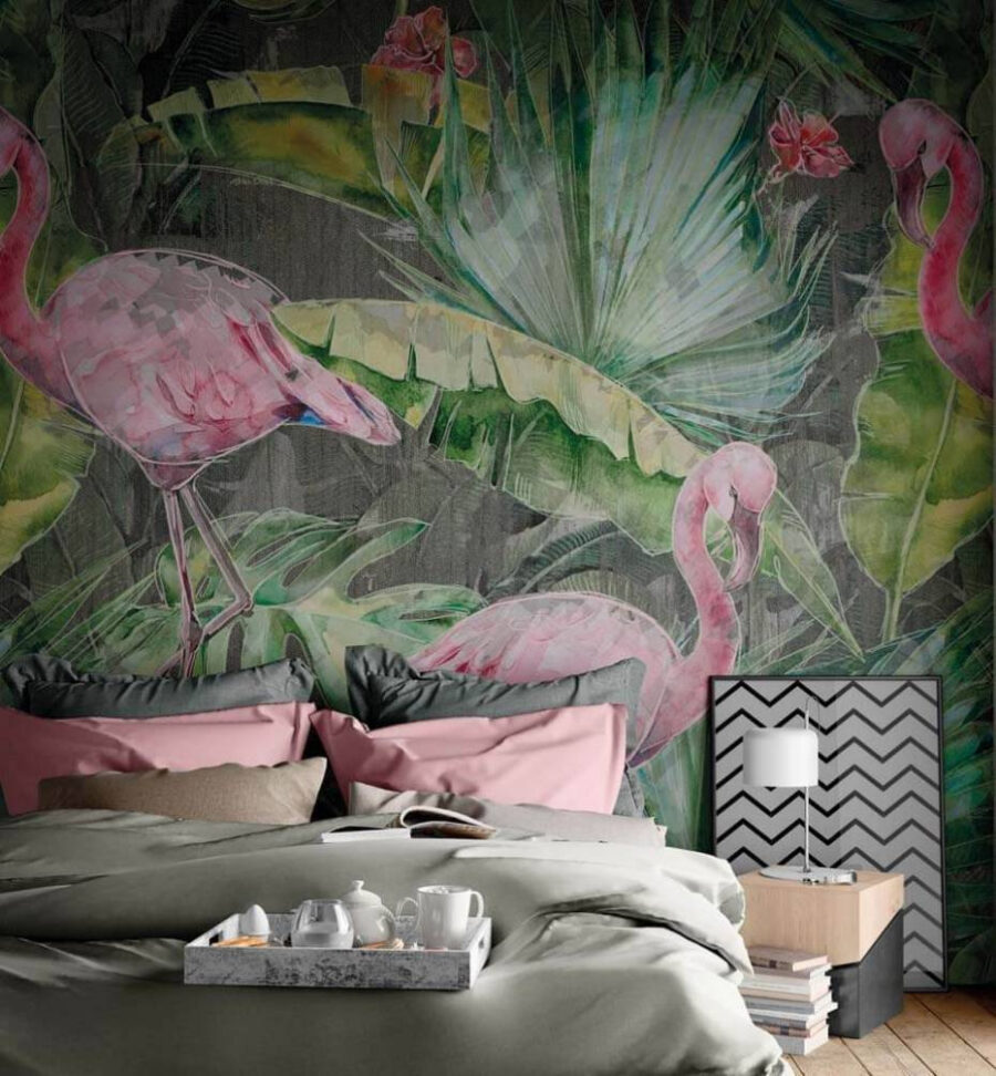 Flamant rose et feuilles vertes
