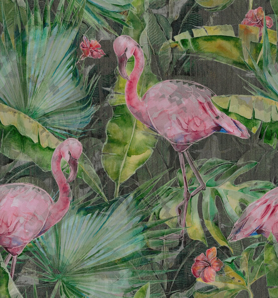 Flamant rose et feuilles vertes