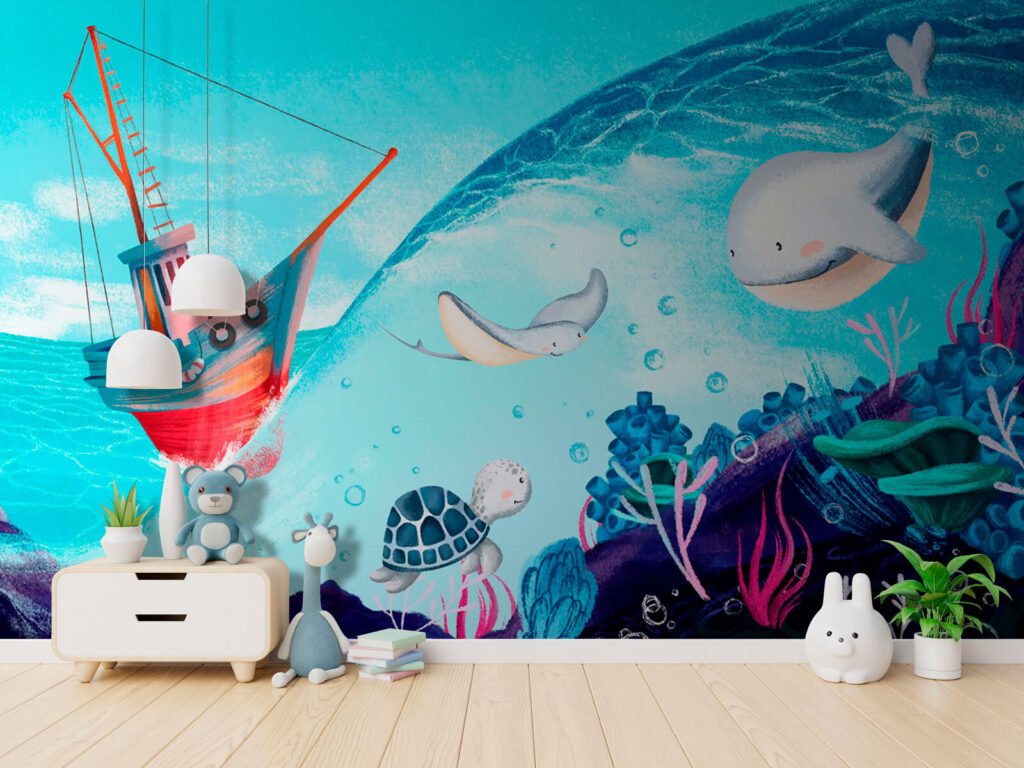 Cartoon of a boat and sea animals Cartoon of a boat and sea animals