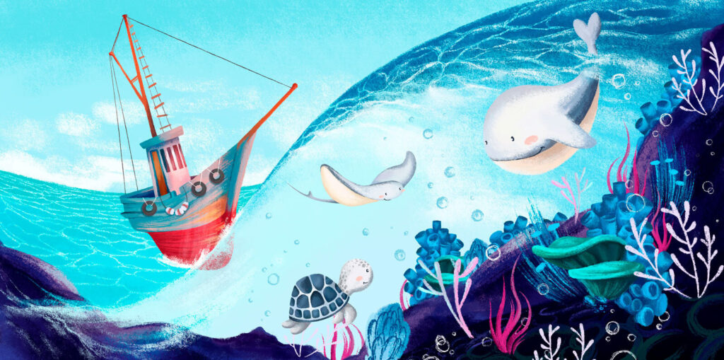 Caricature d'un bateau et d'animaux marins Caricature d'un bateau et d'animaux marins