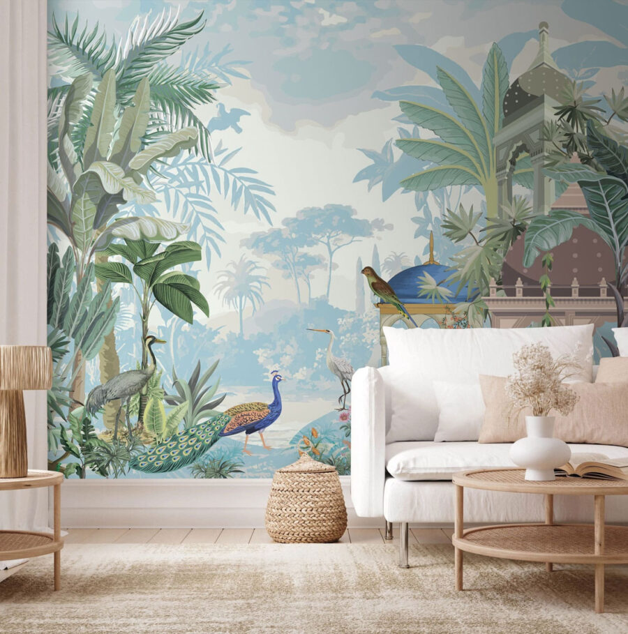 Peinture murale d'oiseaux et de plantes