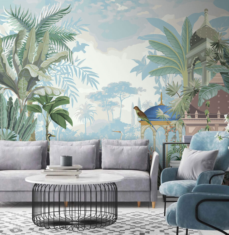 Peinture murale d'oiseaux et de plantes
