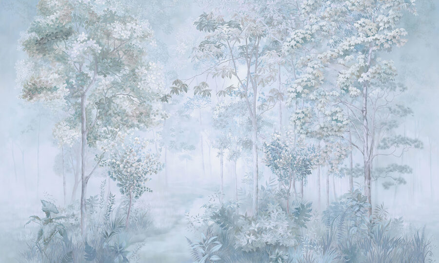 Forêt brumeuse avec arbres et plantes Forêt brumeuse avec arbres et plantes