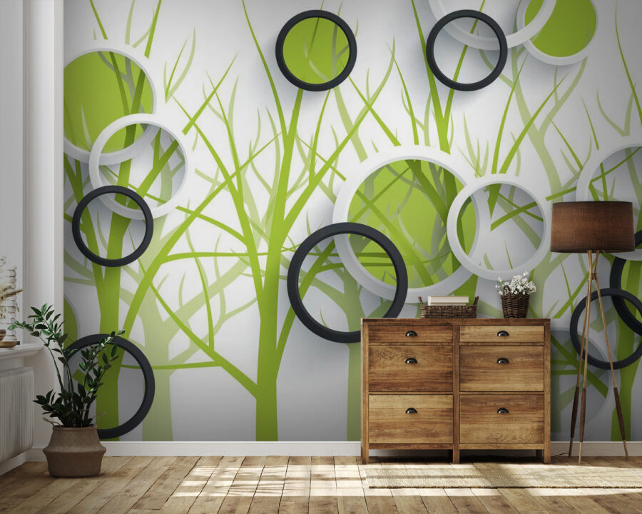 Papier peint avec des cercles et des arbres