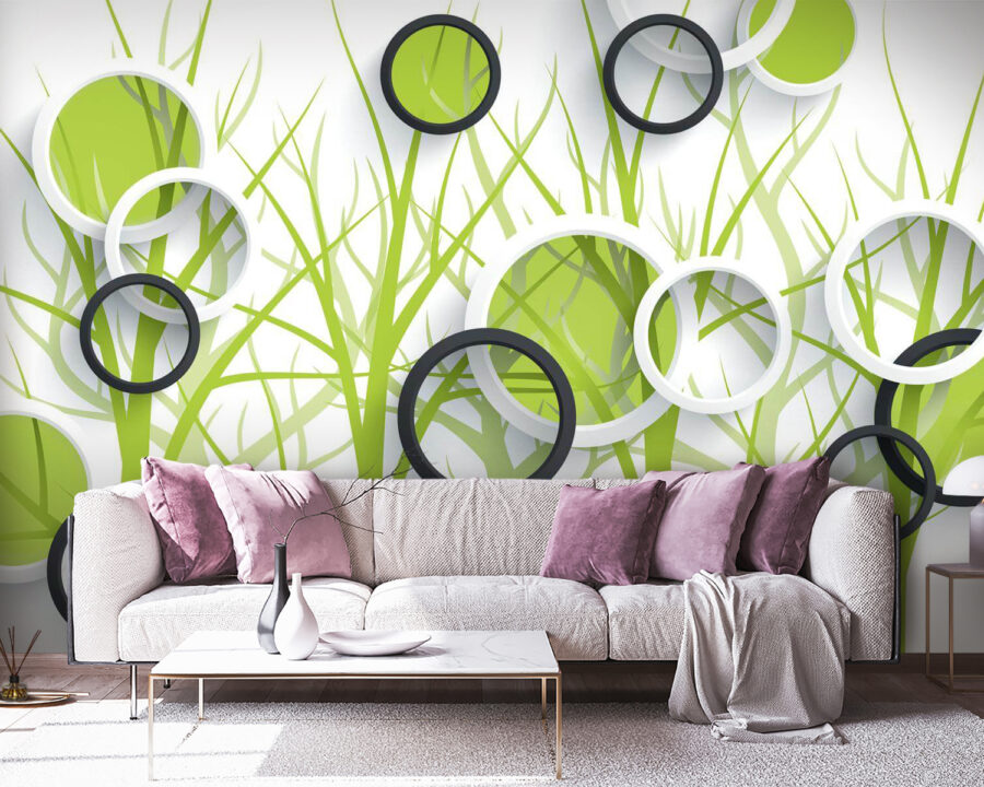 Papier peint avec des cercles et des arbres