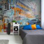 Papier peint Dessin d'une voiture au coin d'une rue