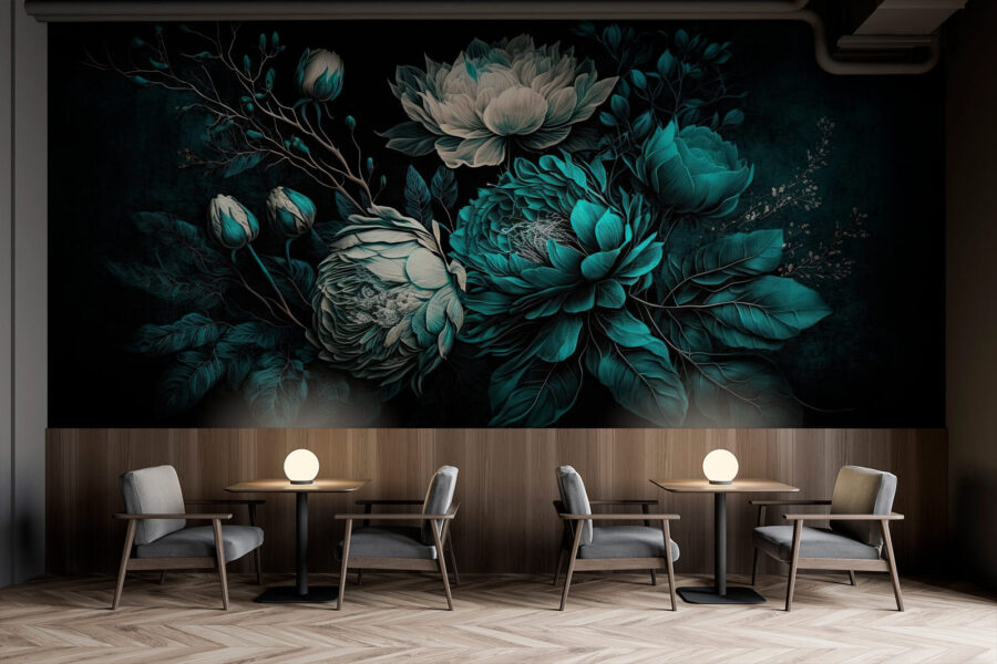 Papier peint Fleurs d'émeraude sur fond sombre. – Image 3