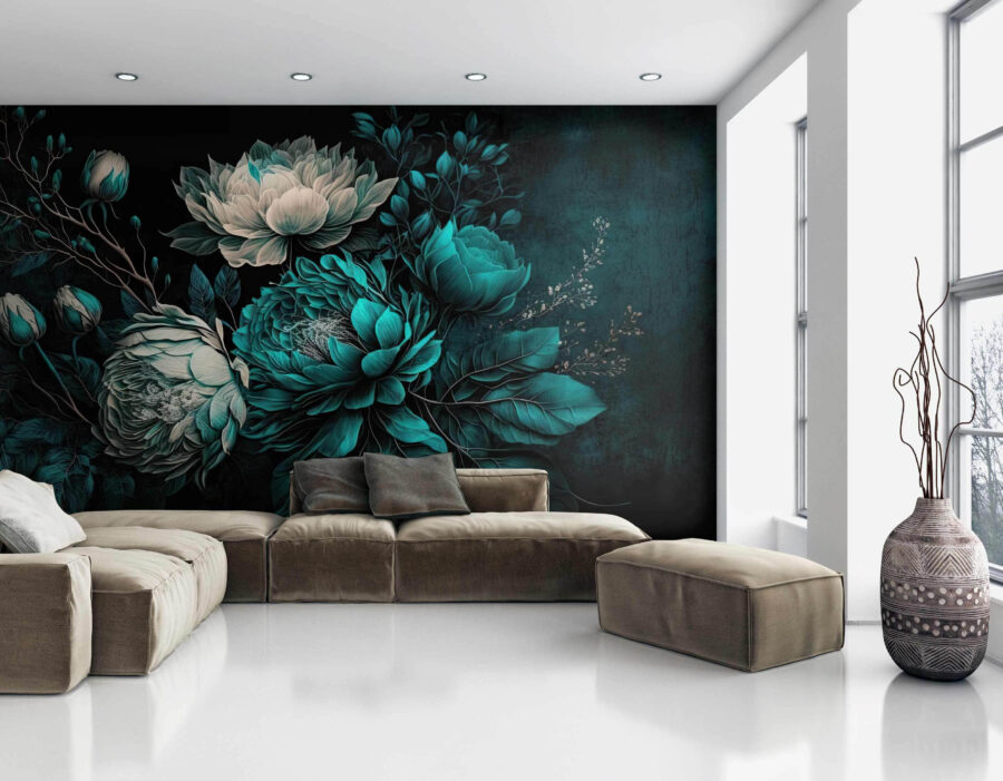 Papier peint Fleurs d'émeraude sur fond sombre. – Image 2