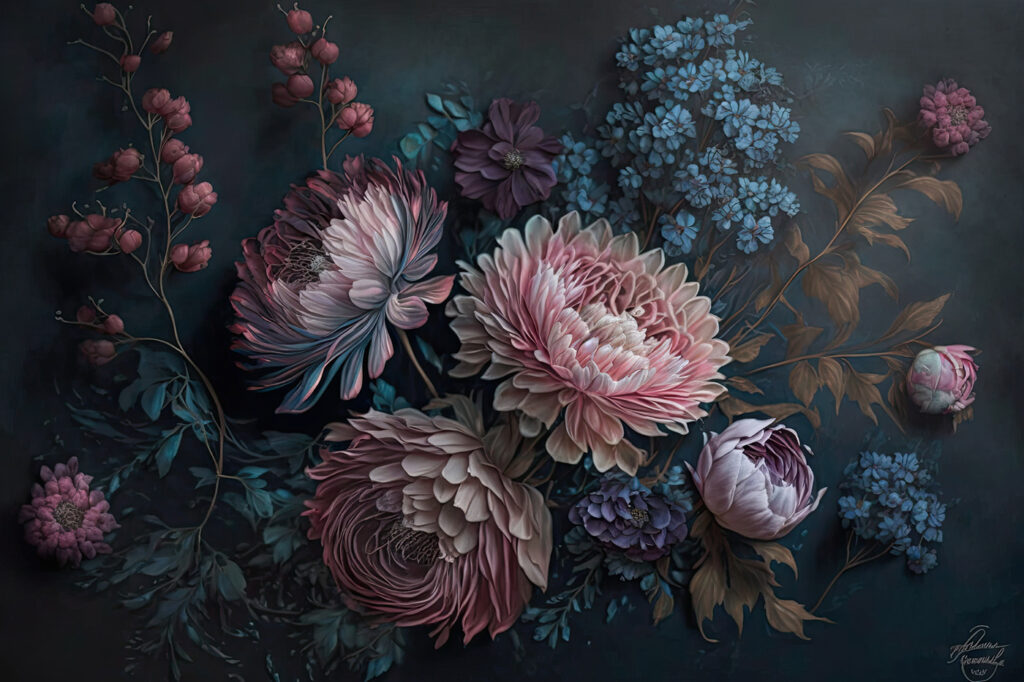 Peinture de fleurs sur fond sombre Peinture de fleurs sur fond sombre