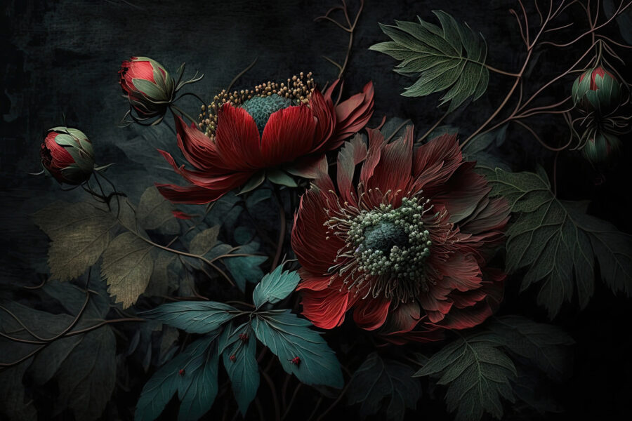 Des fleurs sombres dans un décor morose