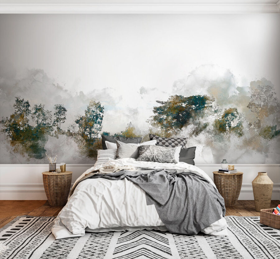 Aquarelle d'arbres et de nuages
