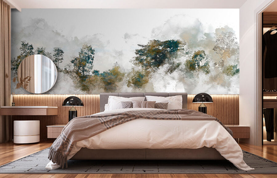 Aquarelle d'arbres et de nuages