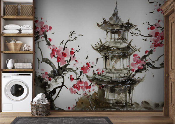 Peinture d'une pagode et de cerisiers en fleurs Peinture d'une pagode et de cerisiers en fleurs