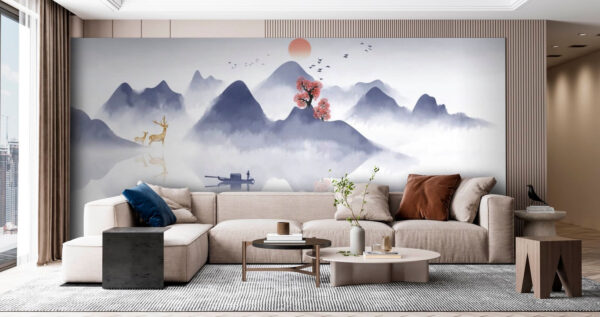 Peinture d'un bateau sur une montagne avec des arbres et des montagnes en arrière-plan Peinture d'un bateau sur une montagne avec des arbres et des montagnes en arrière-plan