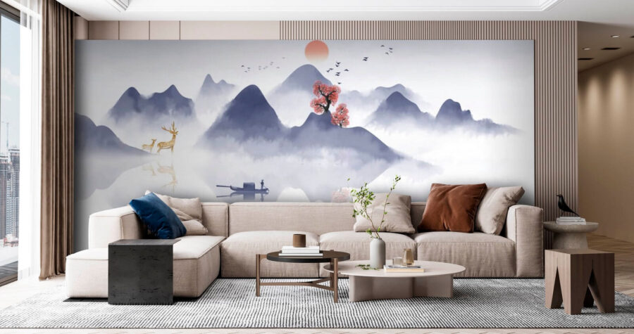Peinture d'un bateau sur une montagne avec des arbres et des montagnes en arrière-plan Peinture d'un bateau sur une montagne avec des arbres et des montagnes en arrière-plan