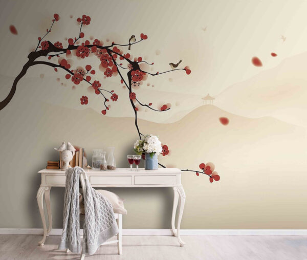 Branche avec des fleurs rouges et des oiseaux volant dans le ciel Branche avec des fleurs rouges et des oiseaux volant dans le ciel