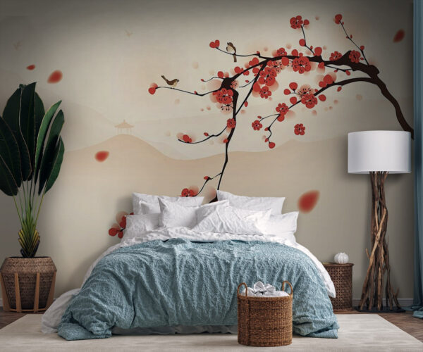 Branche avec des fleurs rouges et des oiseaux volant dans le ciel Branche avec des fleurs rouges et des oiseaux volant dans le ciel
