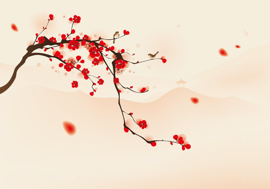 Branche avec des fleurs rouges et des oiseaux volant dans le ciel Branche avec des fleurs rouges et des oiseaux volant dans le ciel