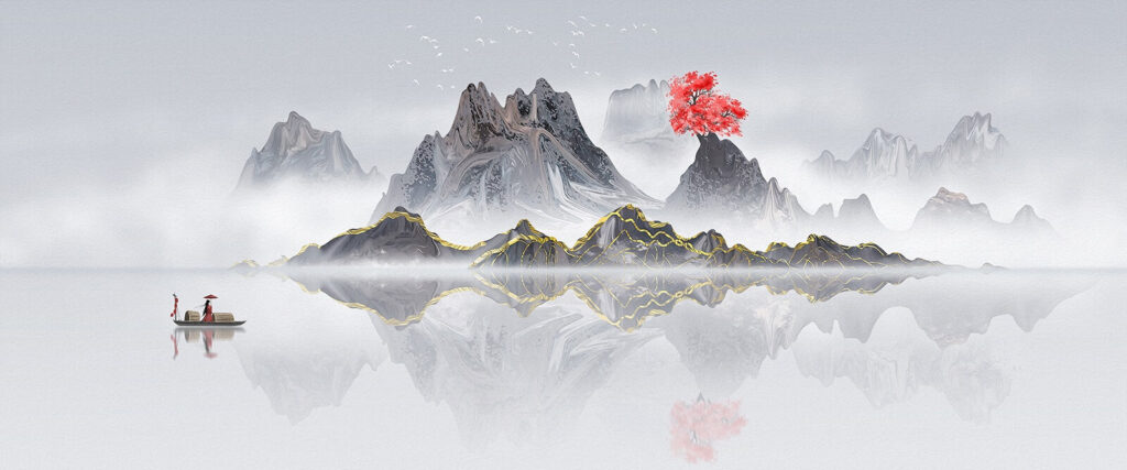Chaîne de montagnes avec un arbre rouge au milieu de l'eau Chaîne de montagnes avec un arbre rouge au milieu de l'eau