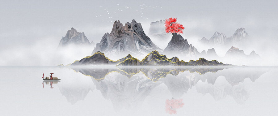 Chaîne de montagnes avec un arbre rouge au milieu de l'eau Chaîne de montagnes avec un arbre rouge au milieu de l'eau